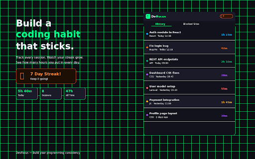DevFocus — Coder Session Tracker :: Track your coding sessions, block distractions, and build a daily dev streak. Built for programmers.