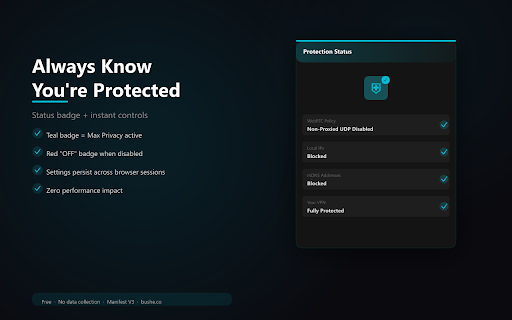WebRTC Privacy Shield :: Prevent websites from detecting your real IP address via WebRTC leaks. One-click protection with adjustable privacy levels.