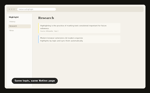 Highlighter Notes :: Select text on any page, highlight it, and automatically save the source URL, title, and time for later review.