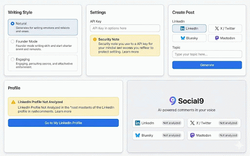 Social9 - AI Comment Assistant :: AI comment assistant for LinkedIn, X/Twitter, Bluesky & Mastodon. Learns your voice and crafts personalized comments. By social9.com