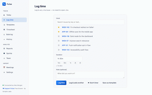 Pulse Companion — Log time to Jira :: Log time to Jira from any tab, with a popup and right-click menu. A companion to the free Pulse app for Jira.