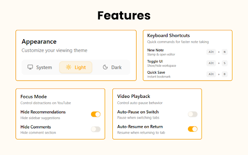VideoNotes: Take Notes, Bookmark, and Learn Distraction-Free on YouTube :: Enhance your learning on YouTube with timestamped notes and bookmarks, and stay focused by hiding distractions.