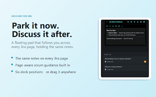 URLflows for Jira :: Subtasks on Jira boards, a pad with your team's ways of working, scrum guides and your access, done celebrations and a Rovo switch.