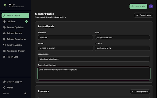 Rezzy - AI Resume Optimizer :: Detect job postings and save them to your Rezzy job tracker. Tailor resumes and generate cover letters with AI.