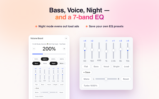 Volume Boost :: Simple volume boost for every Chrome tab: a volume booster up to 600% without crackle, with bass booster, equalizer and tab mixer.