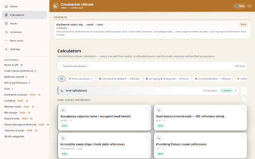 ConstructionVecta :: Construction calculators over signed packs. Calculations stay on-device; connects only to check signed license revocations.