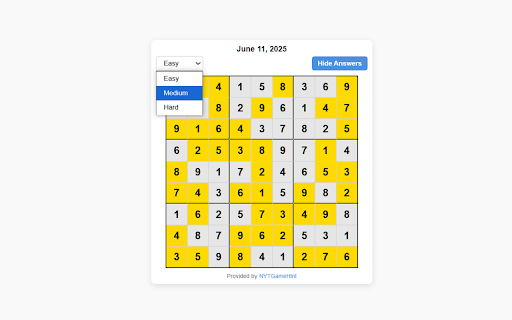 Daily Sudoku Answers :: Get daily NYT Sudoku answers for Easy, Medium, and Hard levels. A simple hint tool for players.