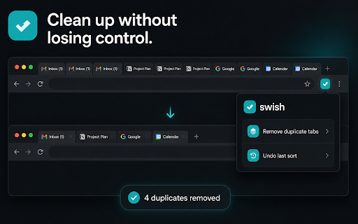 swish :: Sort, group, deduplicate, and undo changes to tabs in your current Chrome window using the popup or keyboard shortcuts.