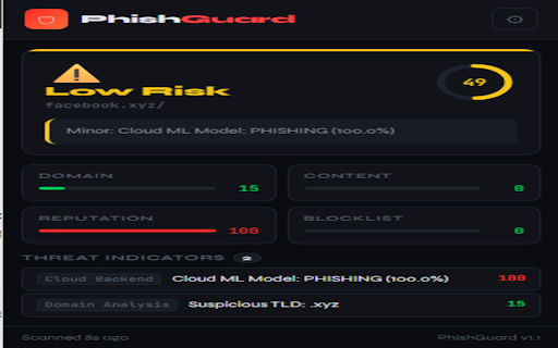 PhishGuard :: Real-time phishing detection: blocklist, domain analysis, NLP content scanning, and threat intelligence APIs.