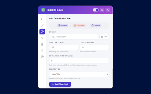 ReclaimFocus :: Block distracting sites, cap browsing time, filter keywords, schedule reminders, and reach focus. 100% local, no tracking.