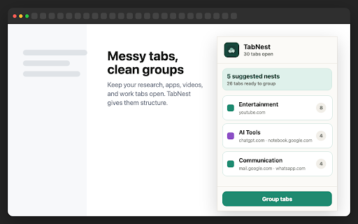 TabNest :: Private tab clustering for messy browser workspaces.
