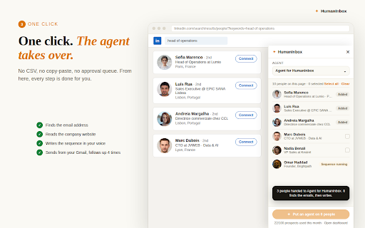 HumanInbox - Email Finder & AI Outreach Agent :: Email finder + AI agent: finds the email of any professional profile, writes the cold email, sends from your Gmail, follows up.