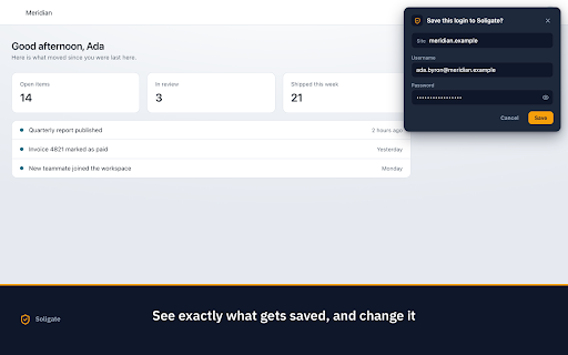 Soligate :: Zero-knowledge password manager: autofill logins, generate strong passwords. Vault encrypted on your device.