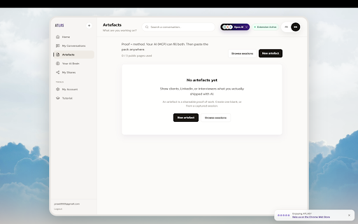 ATLAS - AI Memory Layer :: Capture AI chats in one click. Search decisions and tasks later. Build portable Artefacts via MCP. No full transcript stored.