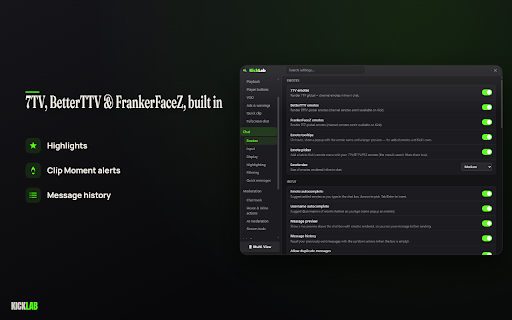 KickLab :: Watch multiple Kick streams at once, control quality, and get 7TV/BTTV/FFZ emotes — player & chat tweaks for Kick.com.