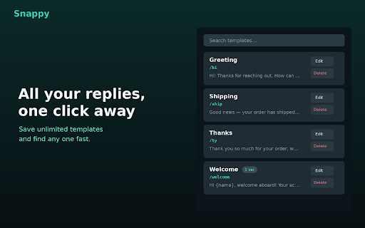 Snappy — Quick replies for WhatsApp Web :: Save replies and insert them with a click or /shortcut. You always send manually — no auto-send, no bulk, data stays local.