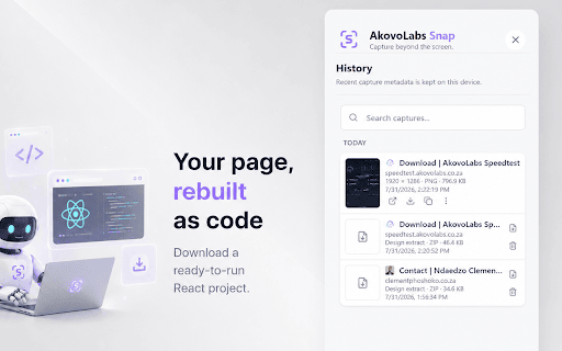 AkovoLabs Snap :: Capture full-page screenshots and extract any webpage into a ready-to-run React project with AI.
