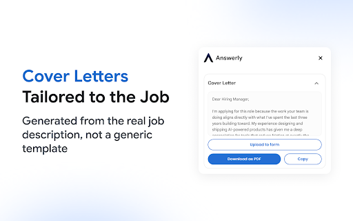 Answerly – AI Job Application Assistant :: AI assistant for job applications. Answer questions, generate cover letters, autofill forms, and check ATS match on the job page.