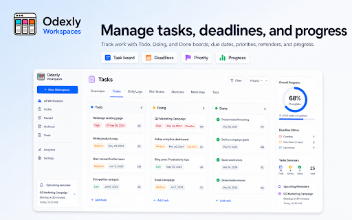 Odexly Workspaces – Visual Project Workspace :: Save tabs, notes, tasks, deadlines, daily logs, canvas sketches, and mind maps inside project workspaces.