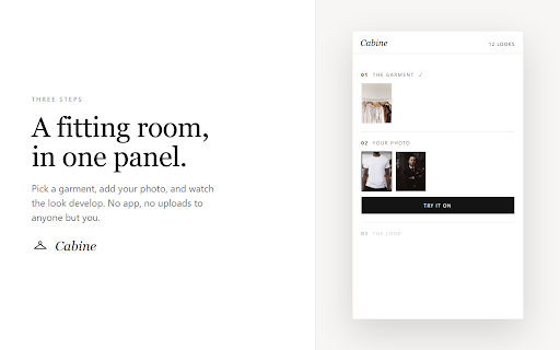 Cabine — Virtual Try-On :: The fitting room in your browser. Try on clothing from any store on your own photos — paste a link or right-click a product.