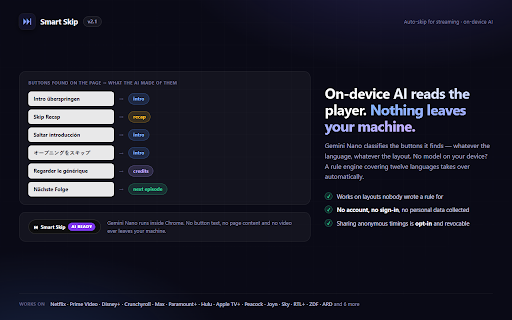 Smart Skip v2 :: Auto-skip intros, recaps, credits and ads on streaming platforms — powered by on-device AI (Gemini Nano).