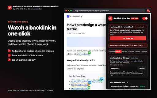 Dofollow & Nofollow Backlink Checker + Monitor – MPG ONE :: Free dofollow & nofollow link checker. Highlight links, find broken links, monitor your backlinks and audit any page's SEO.
