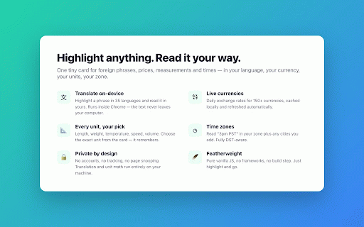 Yonder — Inline Currency, Unit, Time Zone & Translation :: Highlight any price, measurement, time or foreign text to convert or translate it instantly. On-device, private, 13 languages.