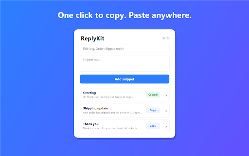 ReplyKit — Text snippets & quick replies :: Insert saved replies anywhere you type: email, marketplaces, social, support. Stop rewriting the same phrases.