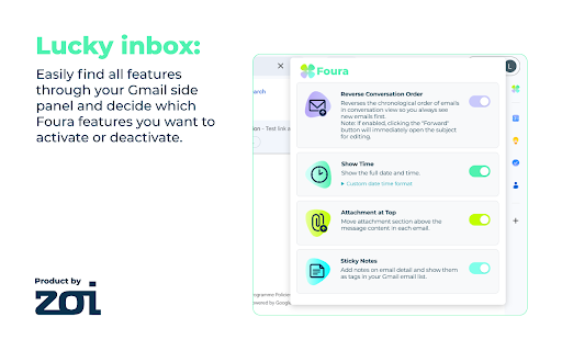 Foura :: Meet Foura: four features, one lucky inbox. Reversed threads, front-row attachments, exact timestamps, and sticky notes for Gmail.