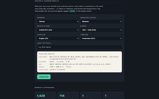 Anti-Fingerprint Shield :: Per-site browser fingerprint spoofing: consistent fake identities for trackers, real values for sites you trust.