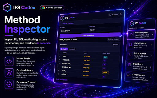 IFS Codex :: Developer toolkit for IFS Cloud — inspect PL/SQL methods, explore entities, run SQL queries, and more