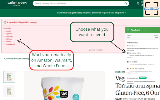 FoodLens - Ingredient Scanner for Grocery Shopping :: Instantly scan food ingredients on Amazon, Walmart, Whole Foods, and Instacart. Detects seed oils, dyes, preservatives, and more.