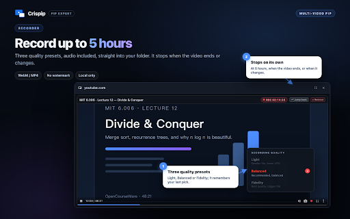 Crispip (PiP Expert) - Multiple Videos In One Picture-in-Picture Window :: Multi-video PiP: one window, 4 layouts, per-video controls, screenshot, 5-hour recording, cinema mode, mute/pause others, history.