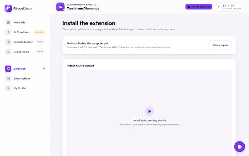 AlmostZero Assistant :: Builds and optimizes your Meta ad campaigns inside Ads Manager, straight from your AlmostZero dashboard.