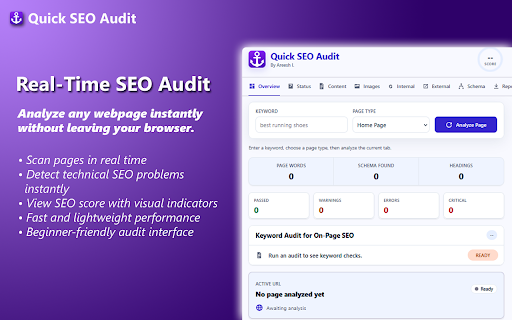 Quick Onpage SEO Checkup :: Audit the currently opened page for keyword coverage, headings, schema, word count, and an SEO score.