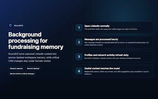 RoundOS LinkedIn Browser Capture :: Saves LinkedIn conversations and profiles you open into your RoundOS fundraising workspace.