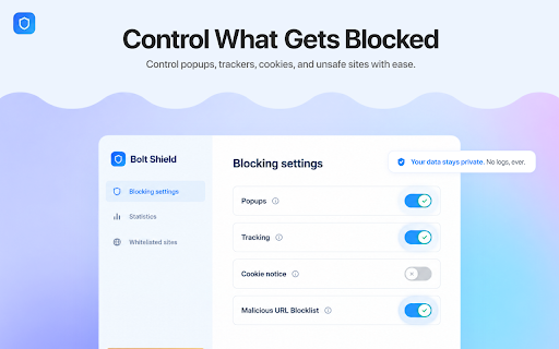 Ad Blocker & Free VPN - Bolt Shield :: Block ads, trackers & cookie banners. Browse privately with a built-in VPN across worldwide locations. Fast, light, free.