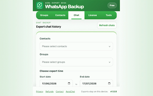 Aora WhatsApp Backup :: Back up your own WhatsApp Web contacts and chats to CSV, Excel, VCard, JSON, or PDF.