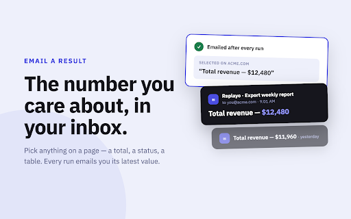 Replayo: Macro Recorder & Web Automation :: Free macro recorder & no-code browser automation. Record clicks, typing and form fills on any site, then replay or schedule them.