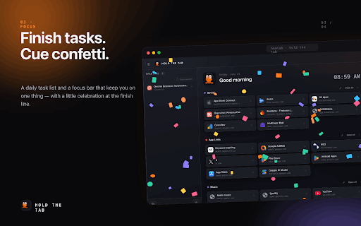 Hold The Tabs - Tab Manager, Spaces, Sessions & New Tab :: Tame tab overload. A tab manager & new tab page with Spaces, drag-to-save collections, dedupe, sessions & tasks. Import from Toby.