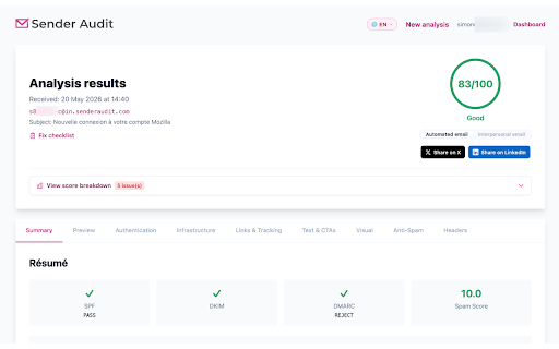Sender Audit :: Analyse emails received in your webmail with Sender Audit (SPF, DKIM, DMARC, IP reputation, spam score…).