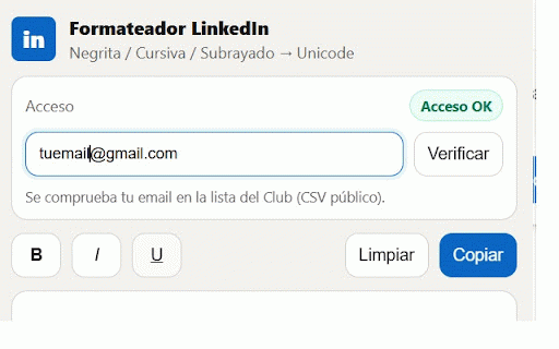 Club de la Venta - Formateador LinkedIn :: Editor con formato Unicode para LinkedIn, preview, detector de ver más e historial local.