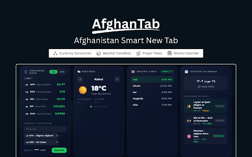 AfghanTab - Afghanistan Smart New Tab :: Afghan smart new tab: prayer times, currency, Shamsi calendar, weather & Google search. English, Dari and Pashto.