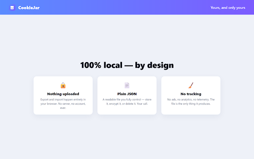 CookieJar — Cookie Backup & Restore :: Back up all your cookies to a JSON file and restore them — for backups, account switching and moving sessions. 100% local.