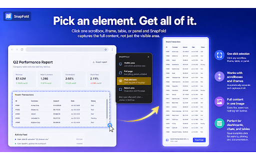 SnapFold: Full Page & Content Screenshots :: Capture full webpages, scrollable elements, nested panels, chat histories, and iframe content in one high-resolution screenshot.