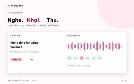 Miruvoca: Học từ vựng qua video, Shadowing & Dictation :: Học ngoại ngữ từ nội dung bạn đang xem: phụ đề song ngữ trên YouTube, từ cần học, luyện nói có AI chấm phát âm.