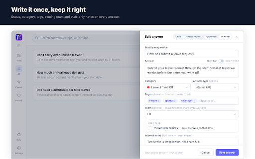 Knackle :: Your answers, one ⌘K away. A private, local answer bank — search, copy and paste your standard replies anywhere.