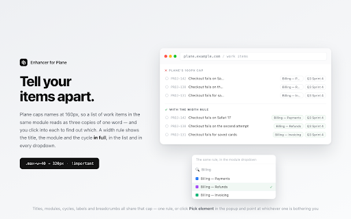 Enhancer for Plane — Quick Open & Issue Templates :: Issue templates, quick open by key, copy reference, and a focus mode that hides the side panels — inside the Plane UI.
