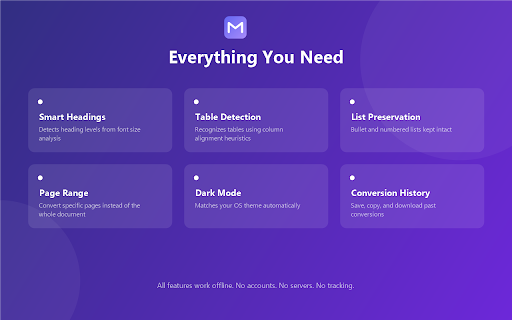 Markify — PDF to Markdown :: Convert PDFs to clean, formatted Markdown. Preserves headings, lists, tables, and inline formatting.