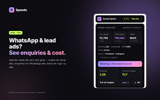 Spendo – Ad Spend & Sales Insights :: See spend, views, sales and performance for every ad in the Meta Ads Library.